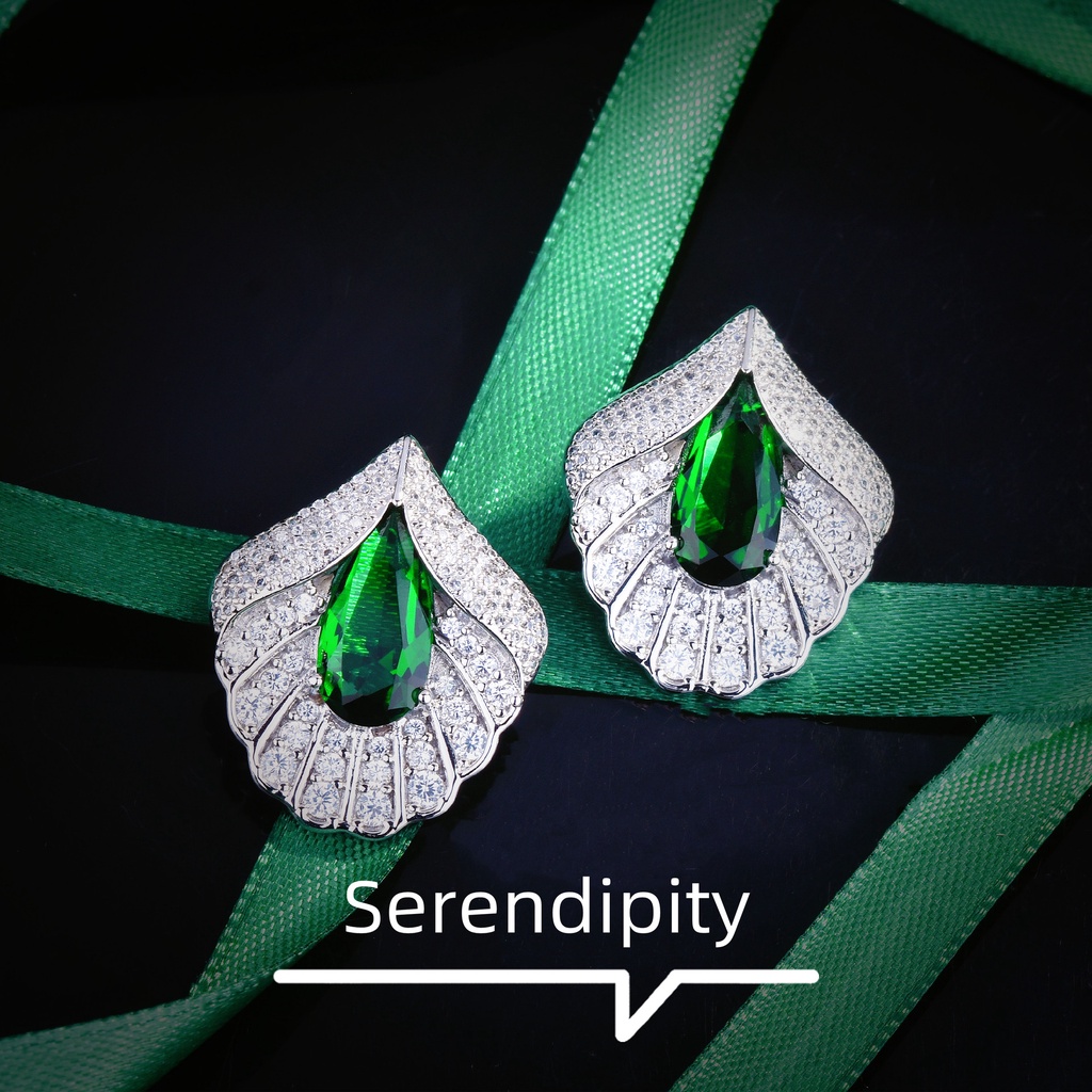 Khuyên Tai Hình Giọt Nước Đính Đá Ngọc Lục Bảo Hình Giọt Nước Thanh Lịch Mới-JHS4-E