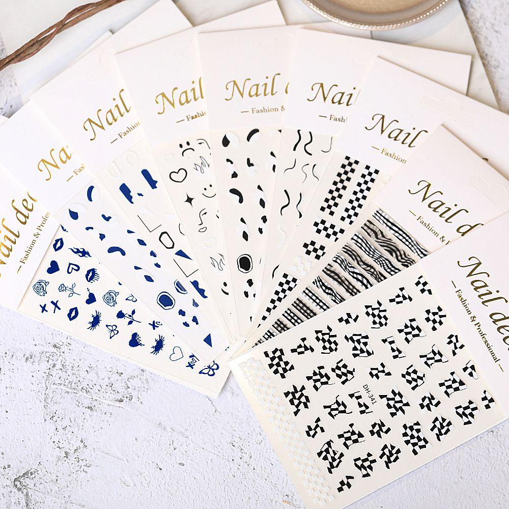 Miếng Dán Trang Trí Móng Tay 3D Tự Dính Họa Tiết Kẻ Ô Trắng Đen Retro