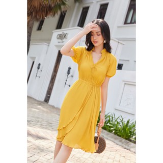 Đầm dập ly chun eo vàng -HBV1129