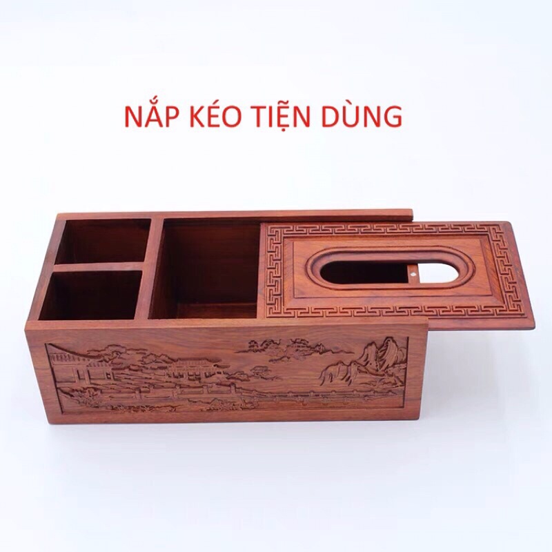 Hộp giấy ăn hộp khăn giấy Mộc Thiên 3 ngăn gỗ Hương cao cấp đựng đồ tiện dụng