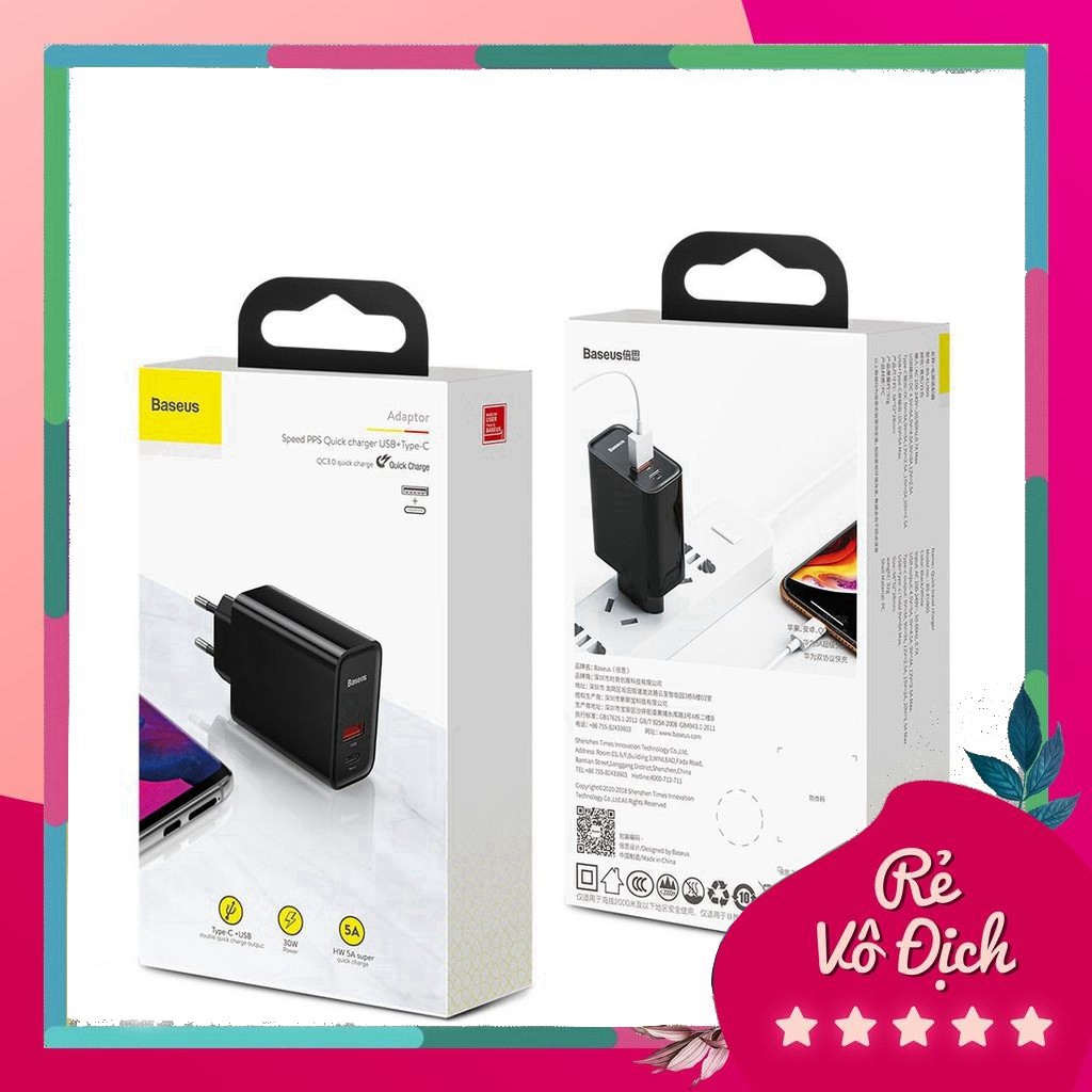 MeTom Cốc sạc nhanh đa năng Baseus Speed Dual Quick charger 30W dùng cho iPhone/ iPad/ Ss/ Huawei (2 Port, Dual USB QC3.