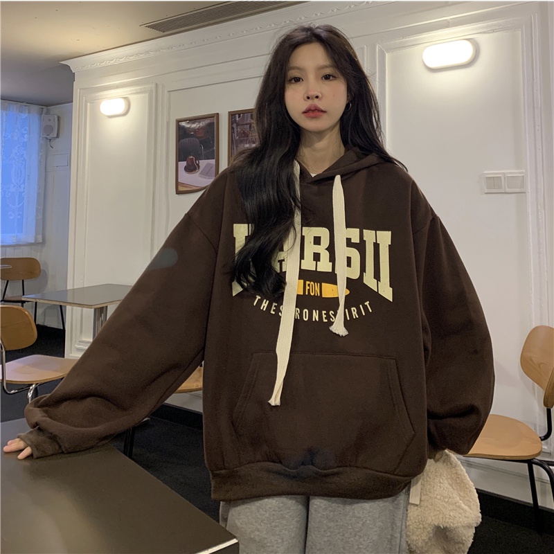 Áo Hoodie Dáng Rộng Dày Dặn In Chữ Thời Trang Cho Nữ