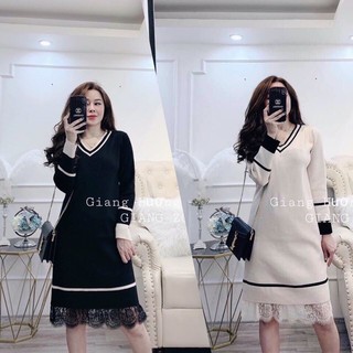 Váy len bầu gân tăm cổ tim chân ren dáng suông đẹp