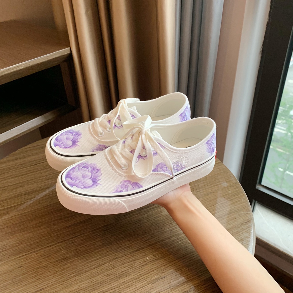 Giày Thể Thao Nữ Ulzzang Vintage, Giày Vải Canvas Graffiti Họa Tiết Hoa Mẫu Đơn Basic Hàn Quốc Street Style-classy_shoes