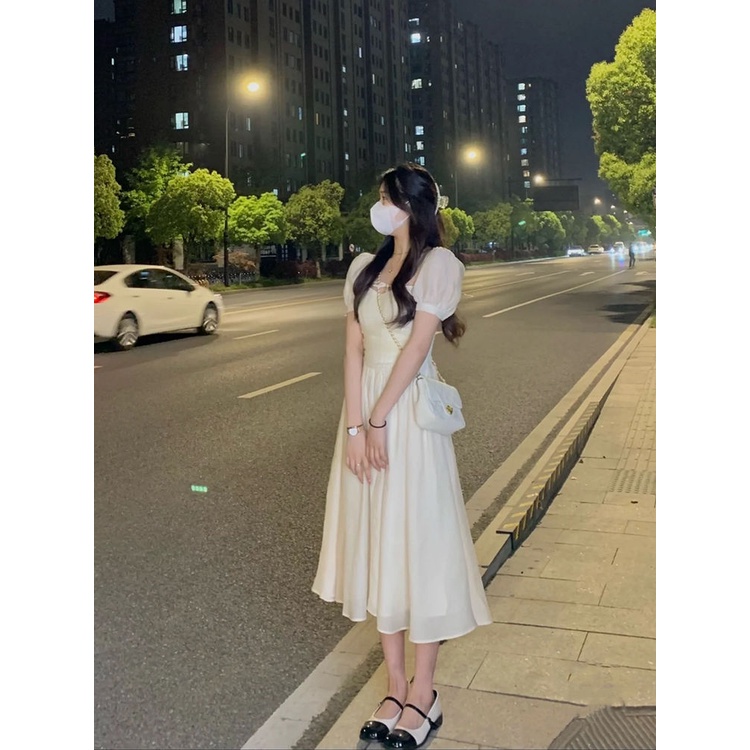 Đầm Cổ Vuông Tay Phồng Họa Tiết Kẻ Sọc Thiết Kế Eo Cao Thời Trang Mùa Hè Mới Cho Nữ