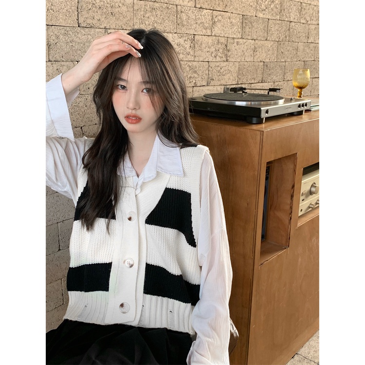 Áo cardigan NZN dệt kim không tay dáng rộng kẻ sọc phối màu phong cách Hàn Quốc thời trang mùa hè