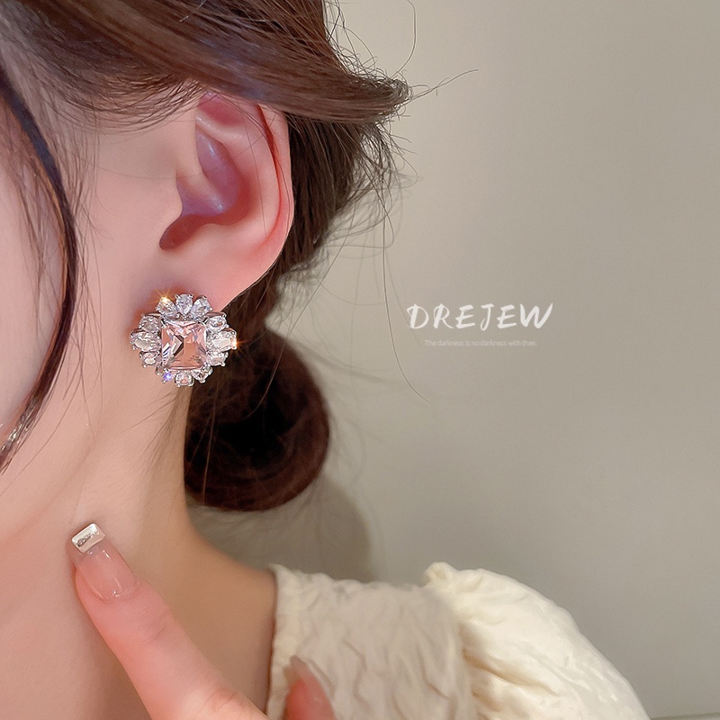 DREJEW Khuyên tai mạ bạc hình hoa đính đá zircon sang trọng thời trang cao cấp