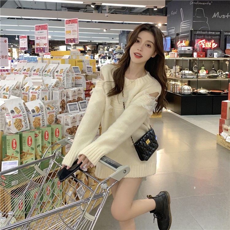 Áo Len Sweater Khoét Vai Phối Bèo LSEOUL A2184 Chất Dày Dặn Mềm Mại Nữ Tính