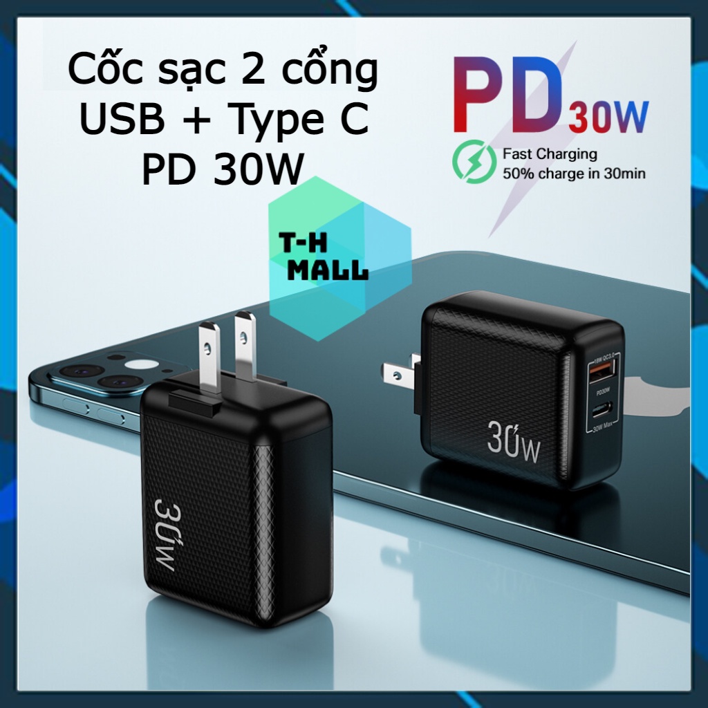 Củ cốc sạc 2 cổng USB + Type C PD 30W Cho LAPTOP Macbook iPhone 13 12 Pro Max Samsung Xiaomi QC 3.0