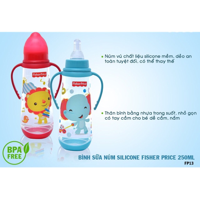 Bình sữa núm silicone 250ml Fisher Price có tay cầm-FP13 upass