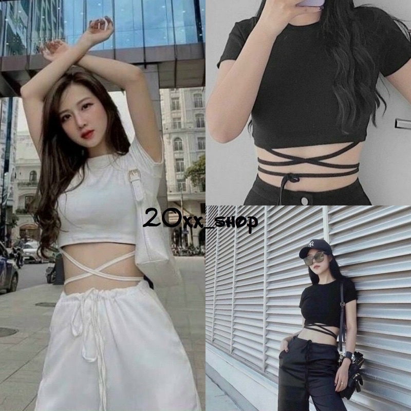 Áo croptop dây cột chéo eo dày mềm ôm giãn thoải mái