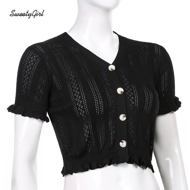 Áo Thun Dệt Kim Tay Ngắn Cổ Chữ V Màu Đen Trơn Cài Nút Thời Trang 2022 Quyến Rũ Cho Nữ