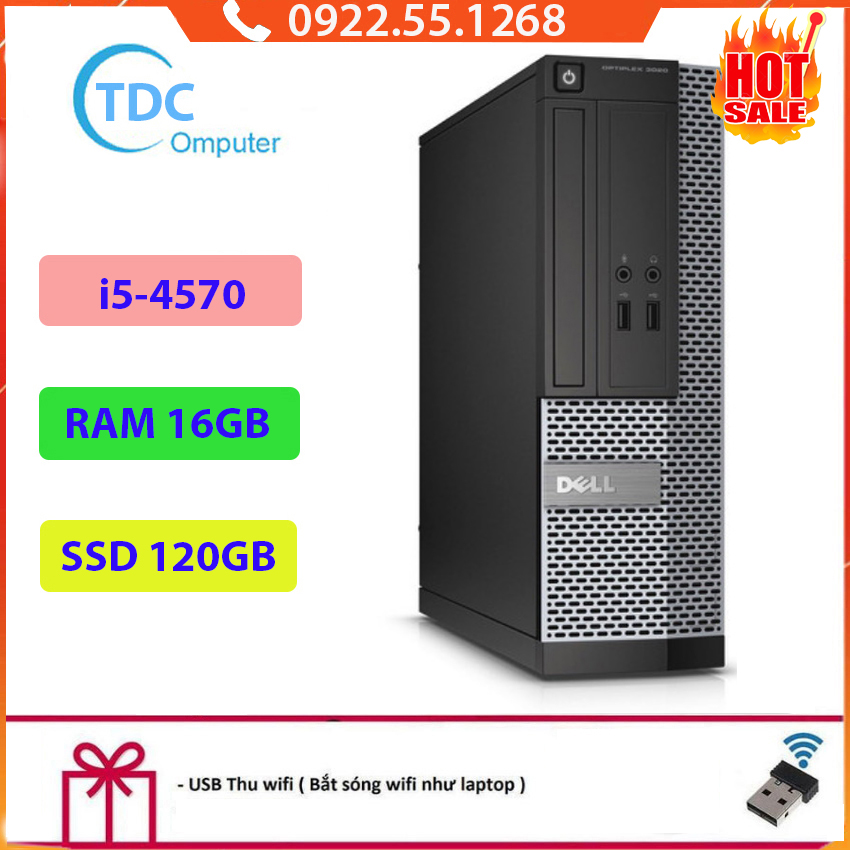 Case máy tính đồng bộ DELL Optiplex 3020 Intel Core i5-4570, ram 16GB, Ổ cứng SSD 120GB.Tặng USB Thu Wifi