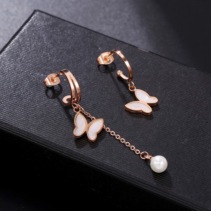 Anti-Allergy Stainless Steel Elengant Rose Gold Rhinestone Drop Earrings Heart Butterfly Shell Dangle Earring #5040