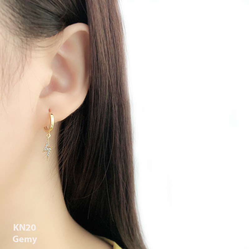 Khuyên tai nam nữ bạc 925 mạ vàng dáng tròn hình tia chớp đính đá cá tính, unisex (1 chiếc) | GEMY SILVER KN20