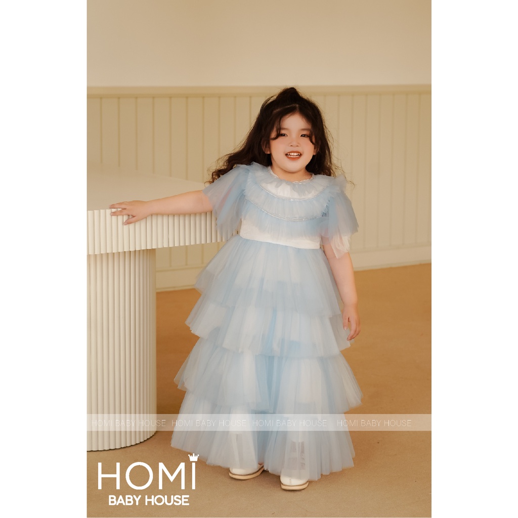 Váy công chúa cho bé dự tiệc đầm công chúa Lucy xanh biển đầm tầng 3 viền đá cho bé gái HOMI BABY HOUSE