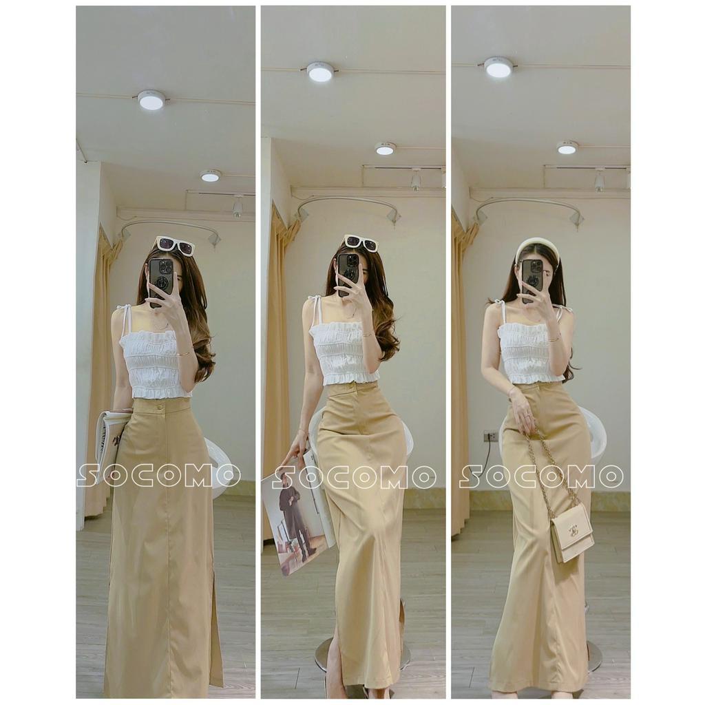 Set áo hai dây nhúm trắng kèm chân váy kaki be Socomo B542023 - Hàng loại 1, chất đẹp - Giá tốt