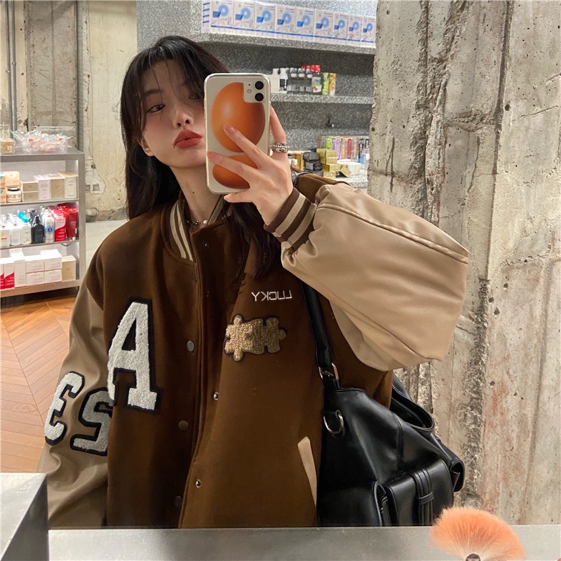 Áo khoác bóng chày thêu họa tiết thời trang cho nữ