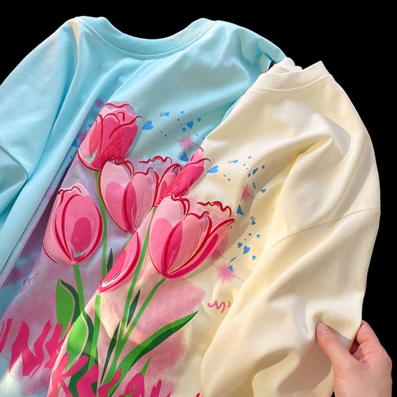 Áo thun Pure Cube tay ngắn in hình hoa phong cách Hàn Quốc dễ phối đồ thời trang xuân hè cho nữ