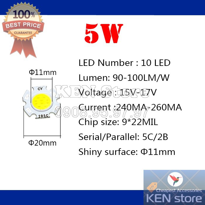 Bóng led, nhân led, chip led 3W 5W 7W 10W đường kính 20mm