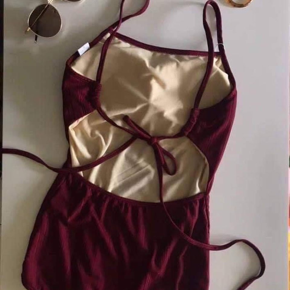 (Có sẵn,ảnh thật) đồ bơi bikini đỏ mận liền thân buộc dây lưng swimwear