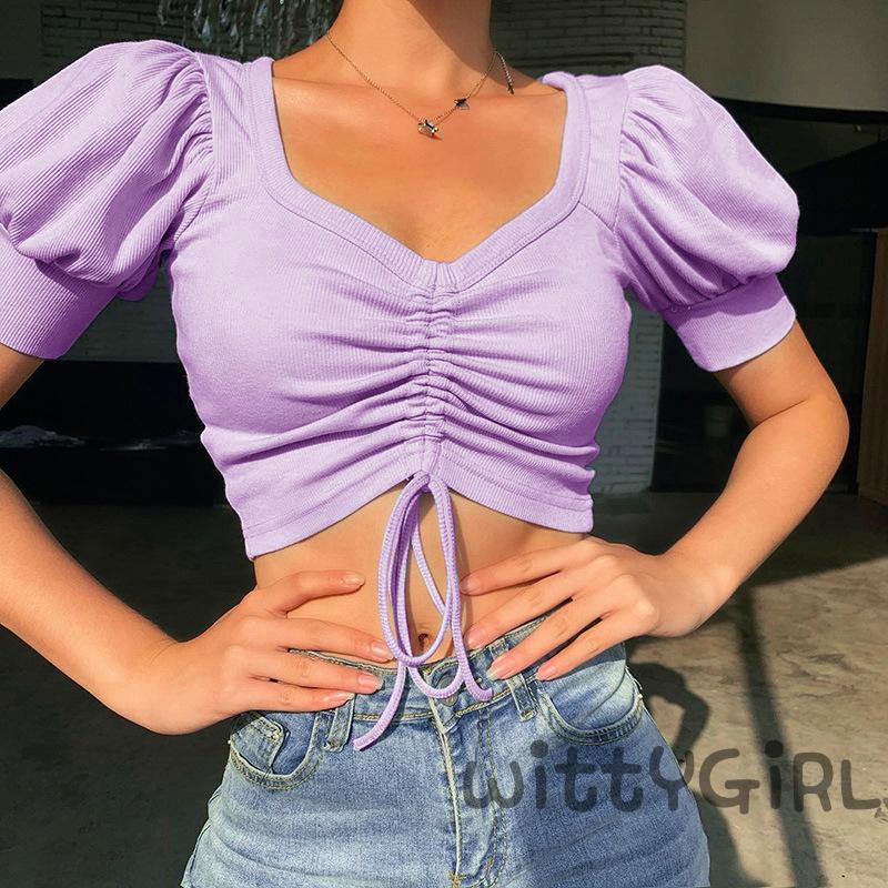 W[]-Summer Sexy V-Neck T-shirt Women Crop Tops Solid Drawstring Tee | BigBuy360 - bigbuy360.vn