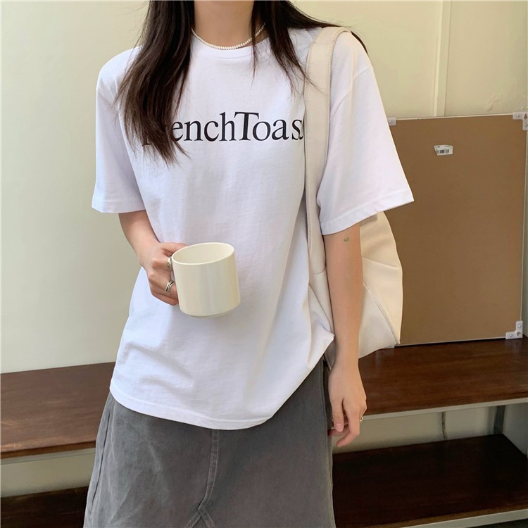 Áo thun Nữ Tay Ngắn Cổ tròn In chữ Cotton Form rộng Ulzzang Hàn Quốc Áo Phông thun nữ Ngắn tay Mùa Hè Thời trang