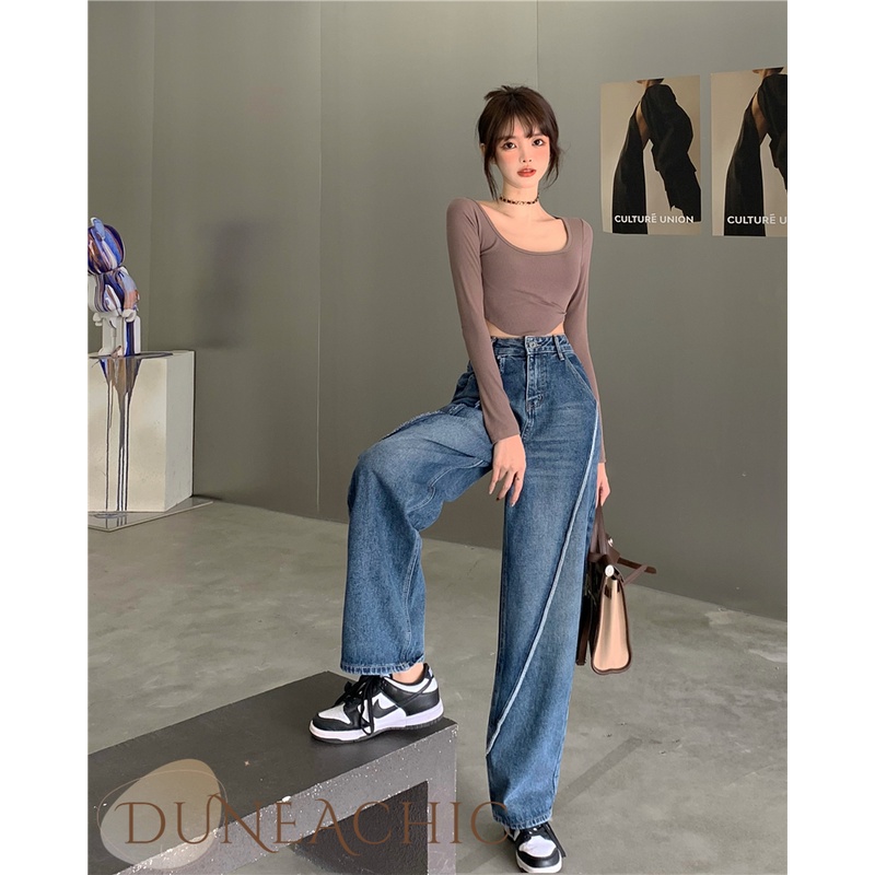 DUNEA Quần Jean Dài Lưng Cao Ống Rộng Thiết Kế Quyến Rũ Cho Nữ