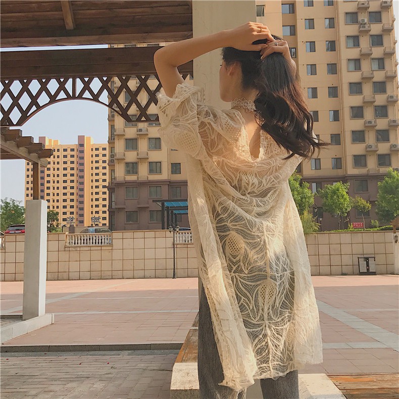 [HÀNG QUẢNG CHÂU CAO CẤP] Kimono đi biển hoạ tiết trái thơm màu nude cá tính