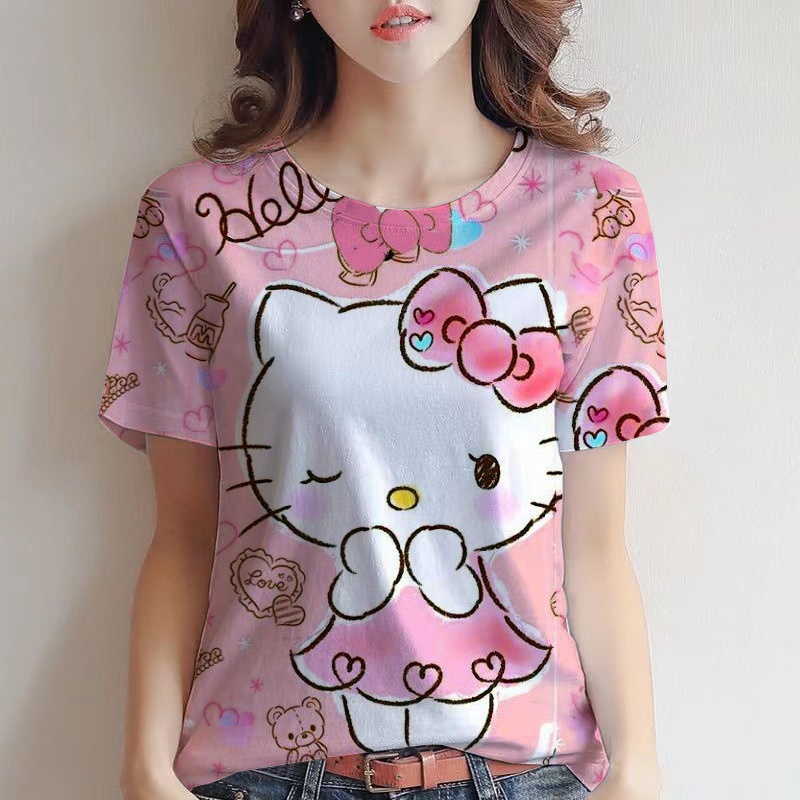 Áo Thun Nữ Ngắn Tay Cổ Tròn In Hình Hello Kitty