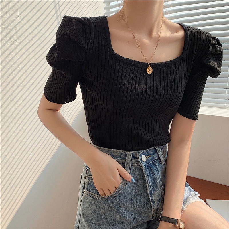 Áo Dệt Kim Tay Ngắn Cổ Vuông Hở Xương Quai Xanh Quyến Rũ Trẻ Trung Cho Bạn Gái