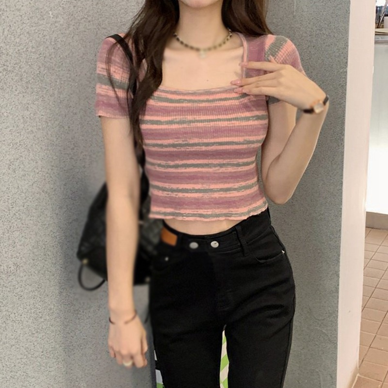 Áo Thun Ngắn Tay Cổ Vuông Họa Tiết Kẻ Sọc Phong Cách Hàn Quốc Cho Nữ