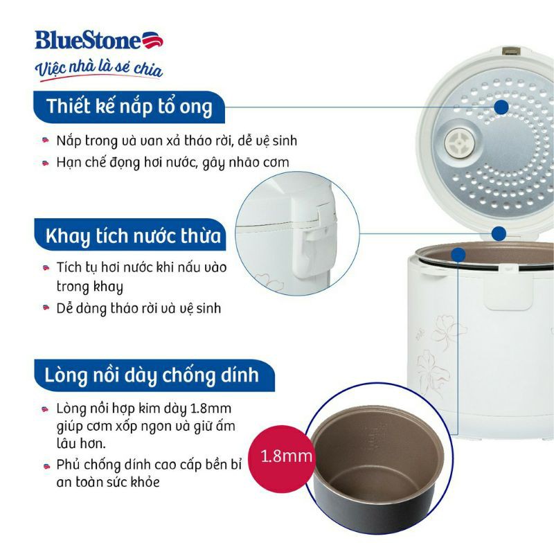 NỒI CƠM ĐIỆN BLUESTONE 1,8 LÍT ( RCB - 5518 , Hàng chính hãng bảo hành 24 tháng )