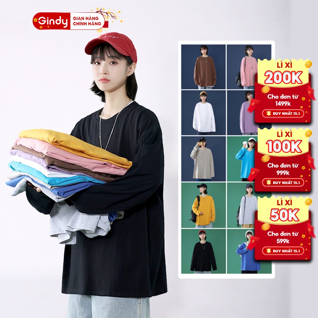 Áo thun phông nam nữ form rộng dài tay GINDY cổ tròn unisex basic vải cotton 100% co dãn thời trang xuân hè 2021 A9102