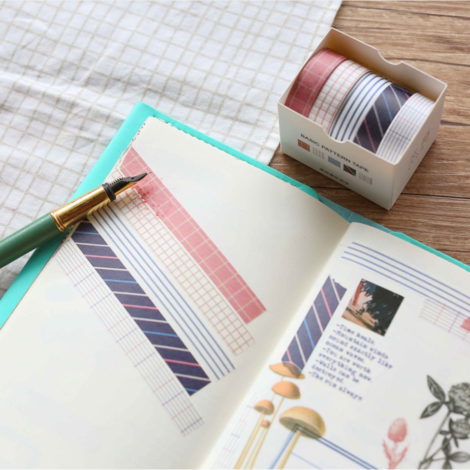 Hộp 5 cuộn washi tape mẫu hoa văn cơ bản