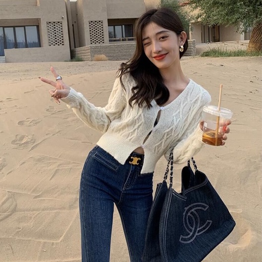 ZHELIHANGFEI Áo Cardigan Dệt Kim Tay Dài Cổ Chữ V Thời Trang Cho Nữ