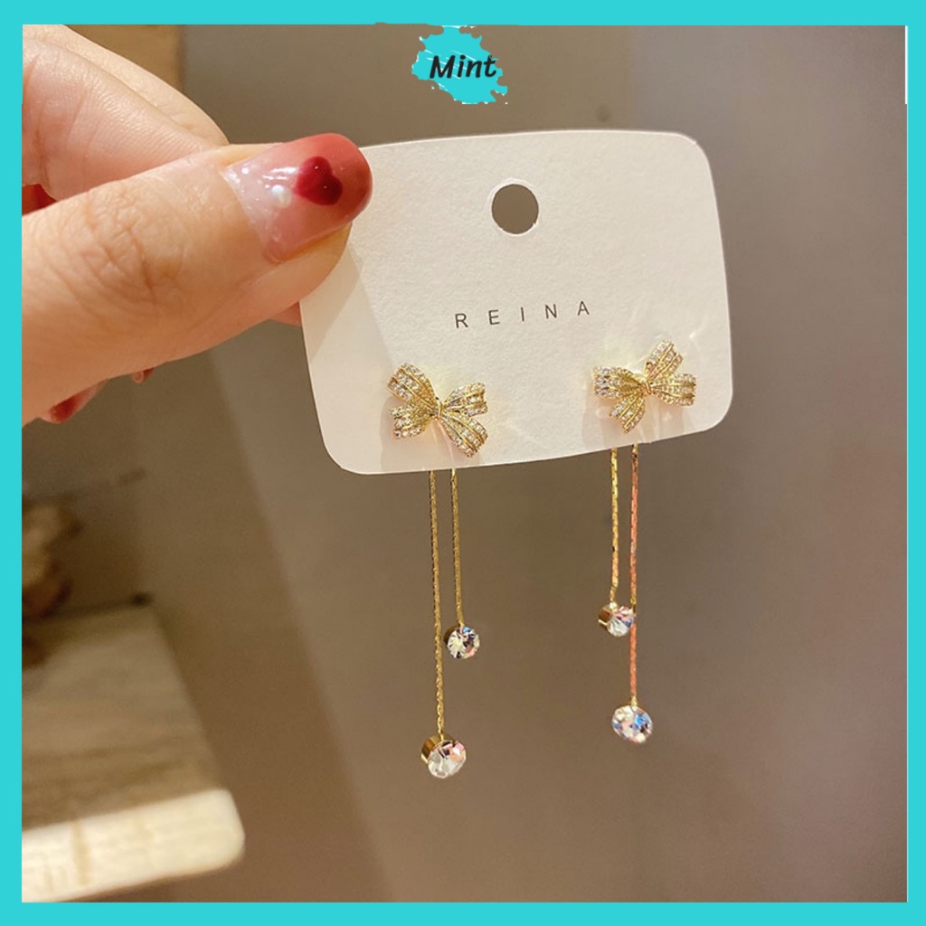 Bông Tai Nữ ❤️KHÔNG GÂY DỊ ỨNG❤️ Khuyên Tai Nơ Thả Đính Đá Chuôi Bạc S925 Phong Cách Hàn Quốc