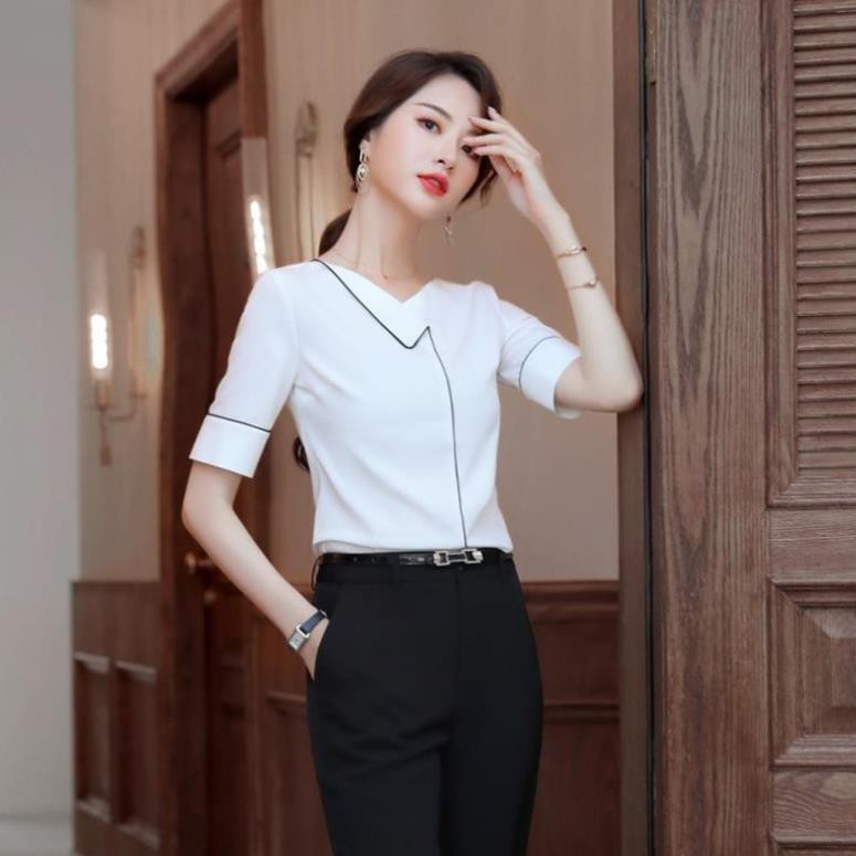 Áo Sơ Mi Nữ VNXK Cao Cấp SM176 - Áo Công Sở Nữ Thiết Kế Lụa Tay Lỡ Cổ Đáp Viền Đen - TINI Shop