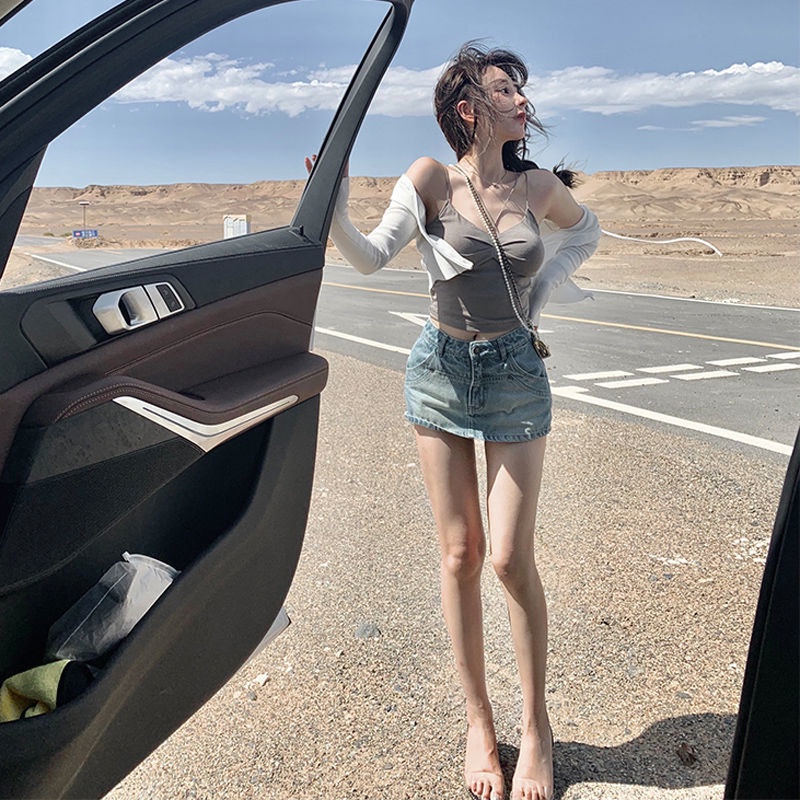 COZOKC COZOK Chân váy jean COZOK dáng chữ A ngắn lưng cao dễ phối đồ thời trang