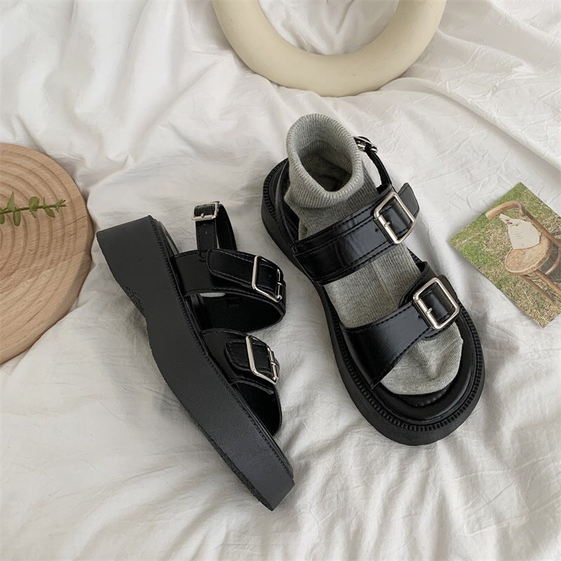 Dép Sandal Nữ Ulzzang LOẠI 1 - Giày Sandal Nữ Đi Học Đế Cao Quai Ngang Khuy Cá Tính Sang Chảnh