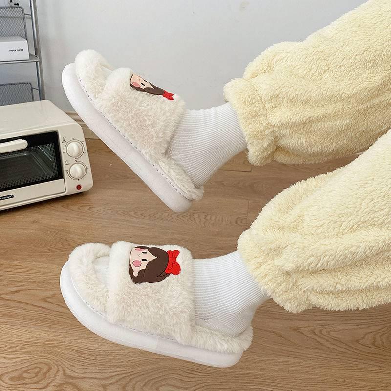 Dép cotton đi trong nhà đế dày chống trượt giữ ấm mùa đông dễ thương cho nữ