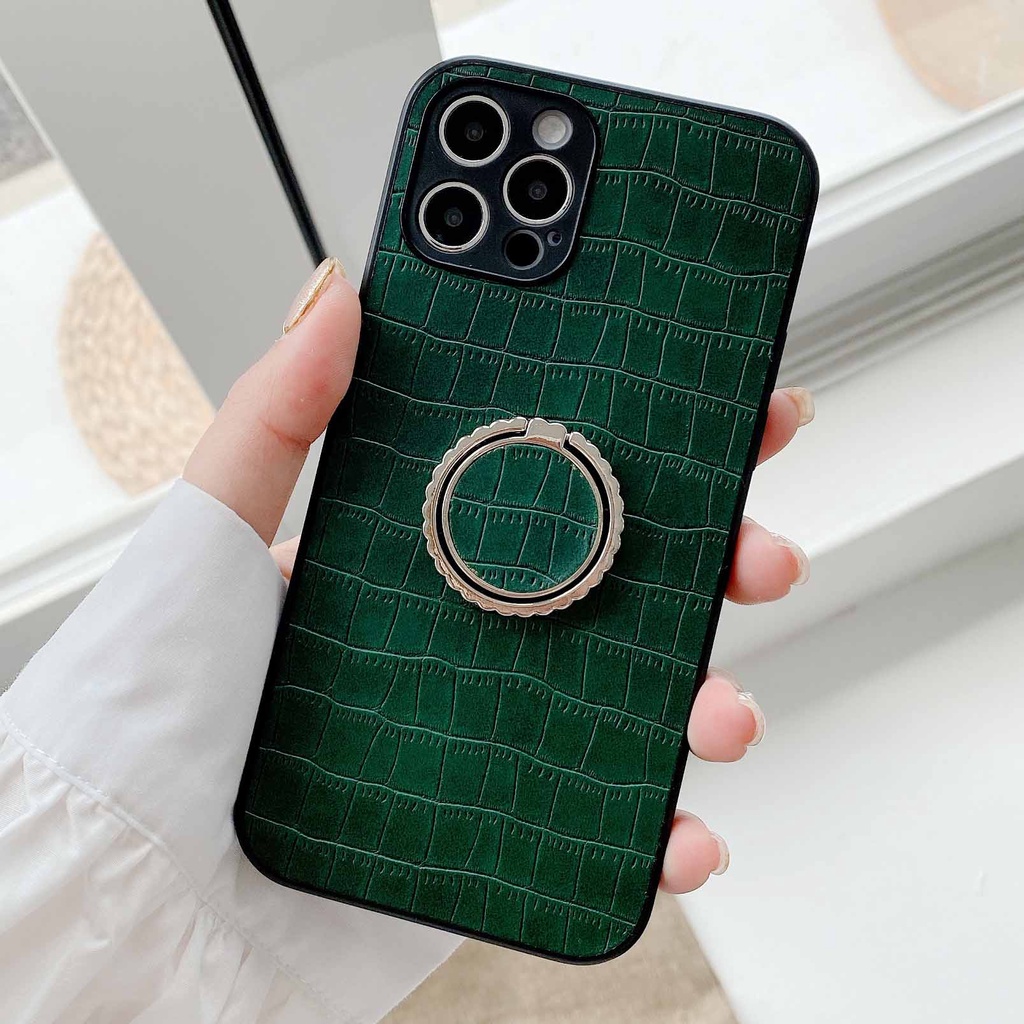 Ốp Điện Thoại Vân Da Cá Sấu Màu Xanh Lá / Đen Gắn Nhẫn Đỡ Cho iPhone 13promax 12 11 xsmax xr xs 7P