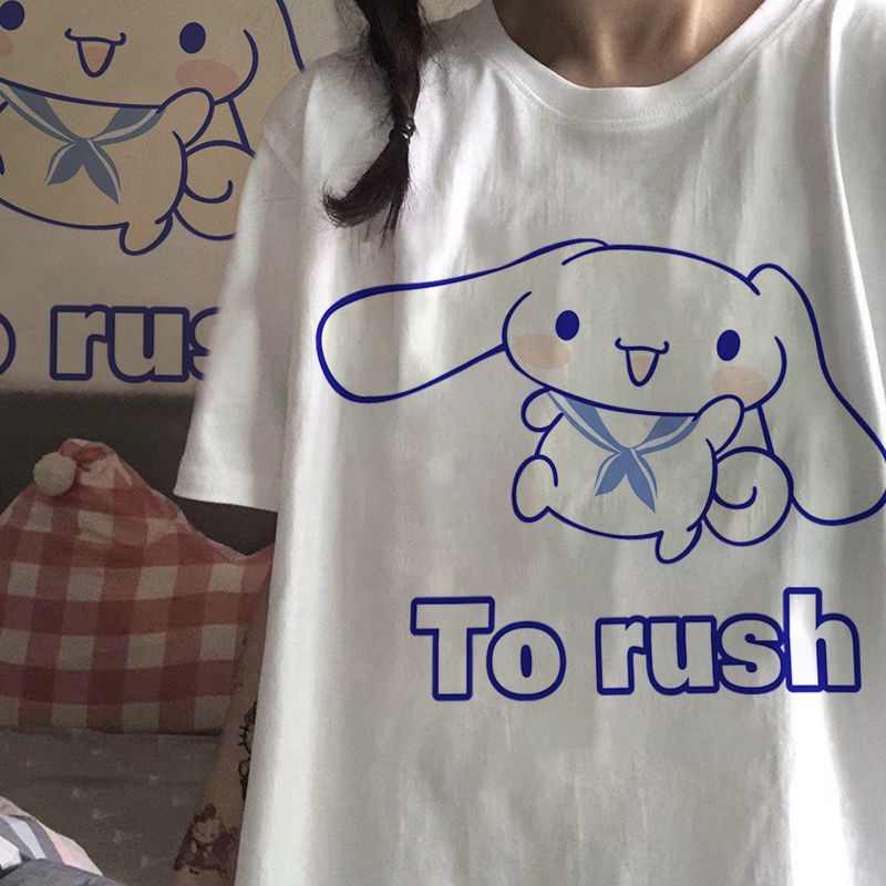 Áo thun tay ngắn cổ tròn dáng rộng in hoạt hình Cinnamoroll dễ thương thời trang mùa hè cho nữ