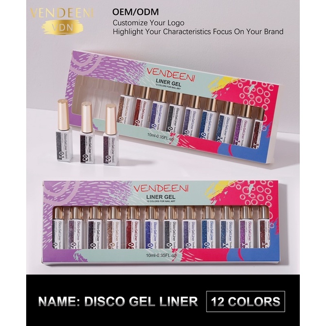 Sơn gel vẽ cọ nét nhũ flash siêu sáng vendeeni set 12 màu (disco gel line)
