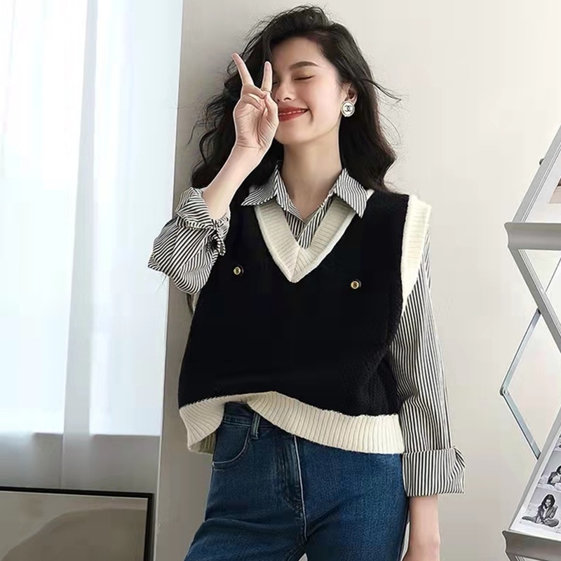 Áo Dệt Kim Sát Nách Dáng Rộng Cổ Chữ V Dễ Phối Đồ Thời Trang Cho Nữ