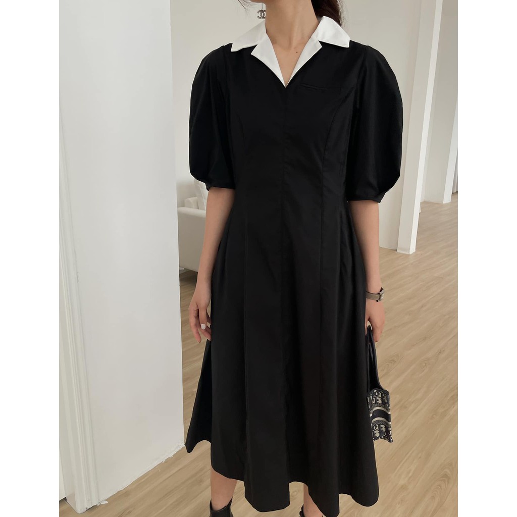 Váy cổ vest ngắn tay Hàn Quốc