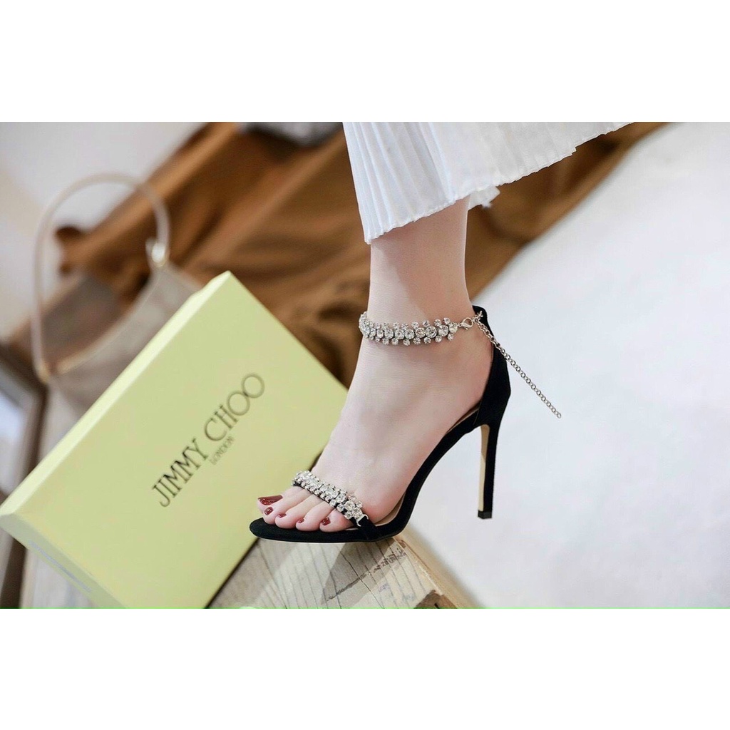 Guốc sandal cao gót quai đính đá gót nhọn cao 9cm thời trang chất da lộn mã HD01