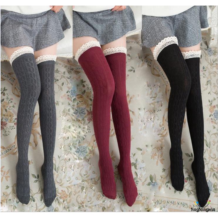 Vớ cotton dài phối ren ấm áp cho nữ