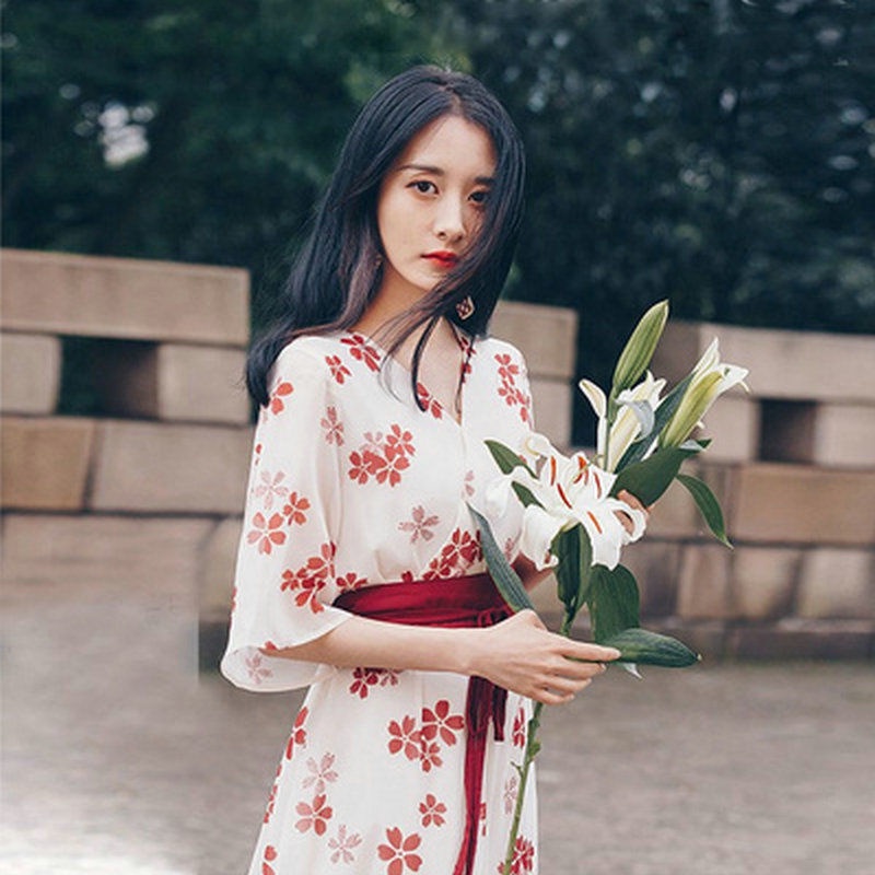 Floral dress 2022 new Chinese style high waist small fresh loose retro belt first love chiffon long skirt