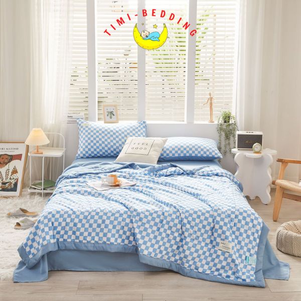 Bộ chăn ga gối cotton tici chăn trần kẻ cao cấp nhập khẩu 4 món – drap trải giường – Timibedding